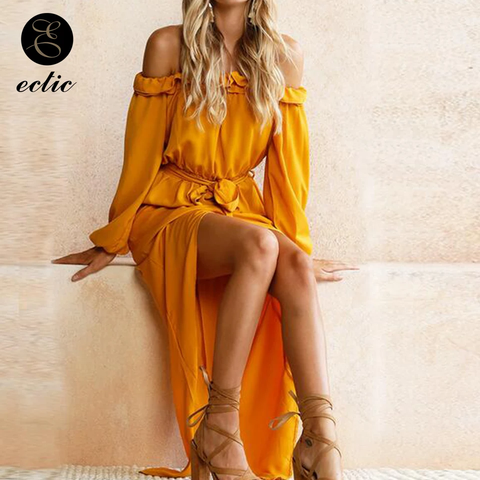 Off Shoulder Ruched Thigh Slit Dress Sukienka Plain Maxi Long Sleeve Women Robe Femme Ete 2021 Back Short Front | Женская одежда