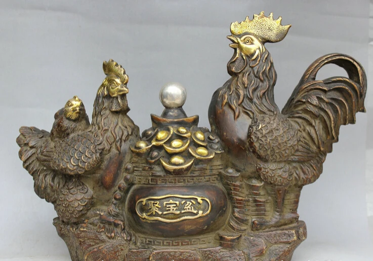 

song voge gem S2080 14" Old China Bronze Gild treasure bowl Zodiac Year Rooster Cock Chicken Statue