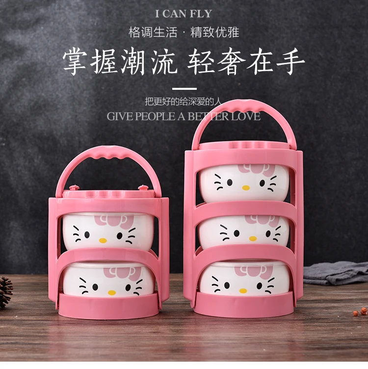 Рисунок «Hello Kitty» коробка 4 шт./компл. Портативный Керамика Коробки для обедов с изоляционные мешки термос для Еда детская Коробки для обедов Еда контейнер для хранения
