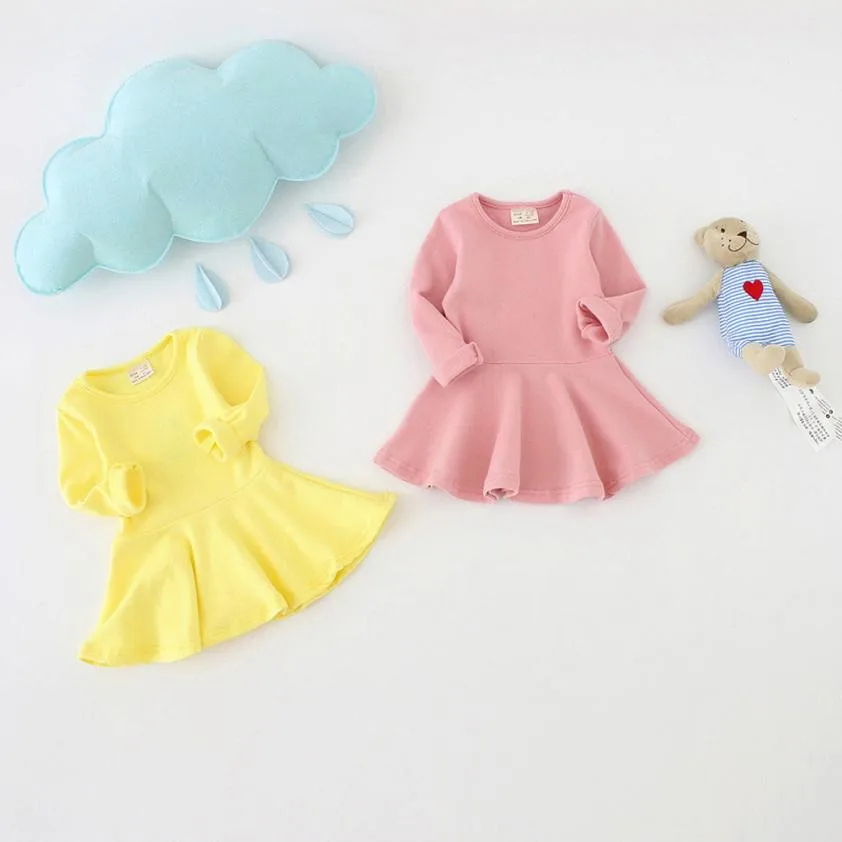Baby Girls Dress 2018 Summer Candy Color Long Sleeve Solid Princess Casual Toddler Kids for girls Daily party sweet color | Детская
