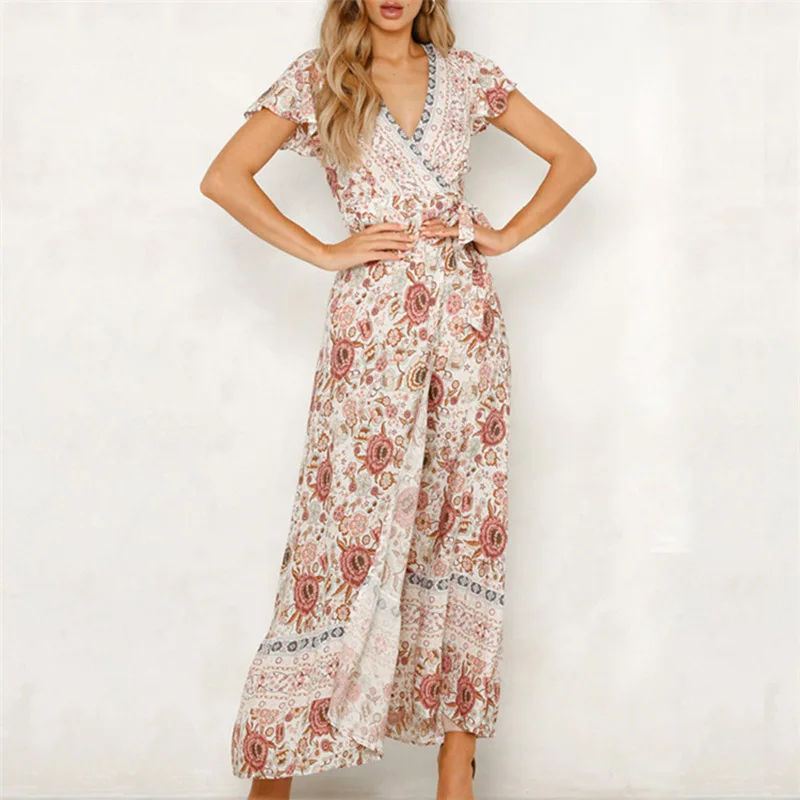 Женское сексуальное платье с V образным вырезом и высоким разрезом Boho Летнее