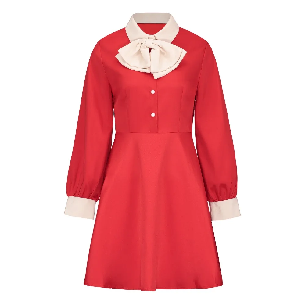 Для женщин Сладкий мини-платье Фонари с длинными рукавами галстук-бабочка Цвет