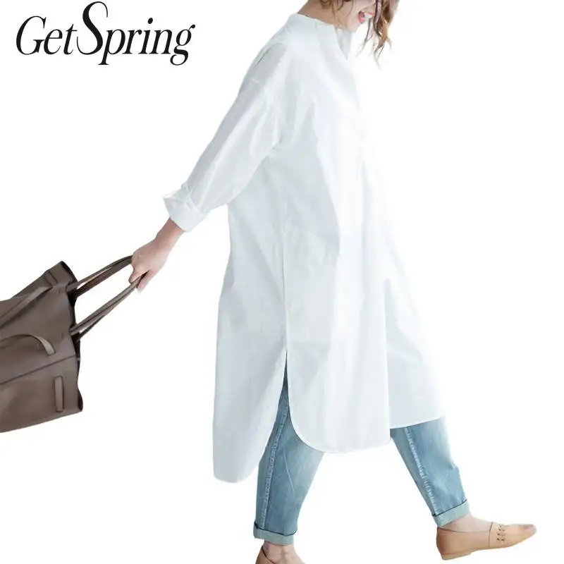 GetSpring женское платье рубашка с длинным рукавом длинное асимметричное свободного