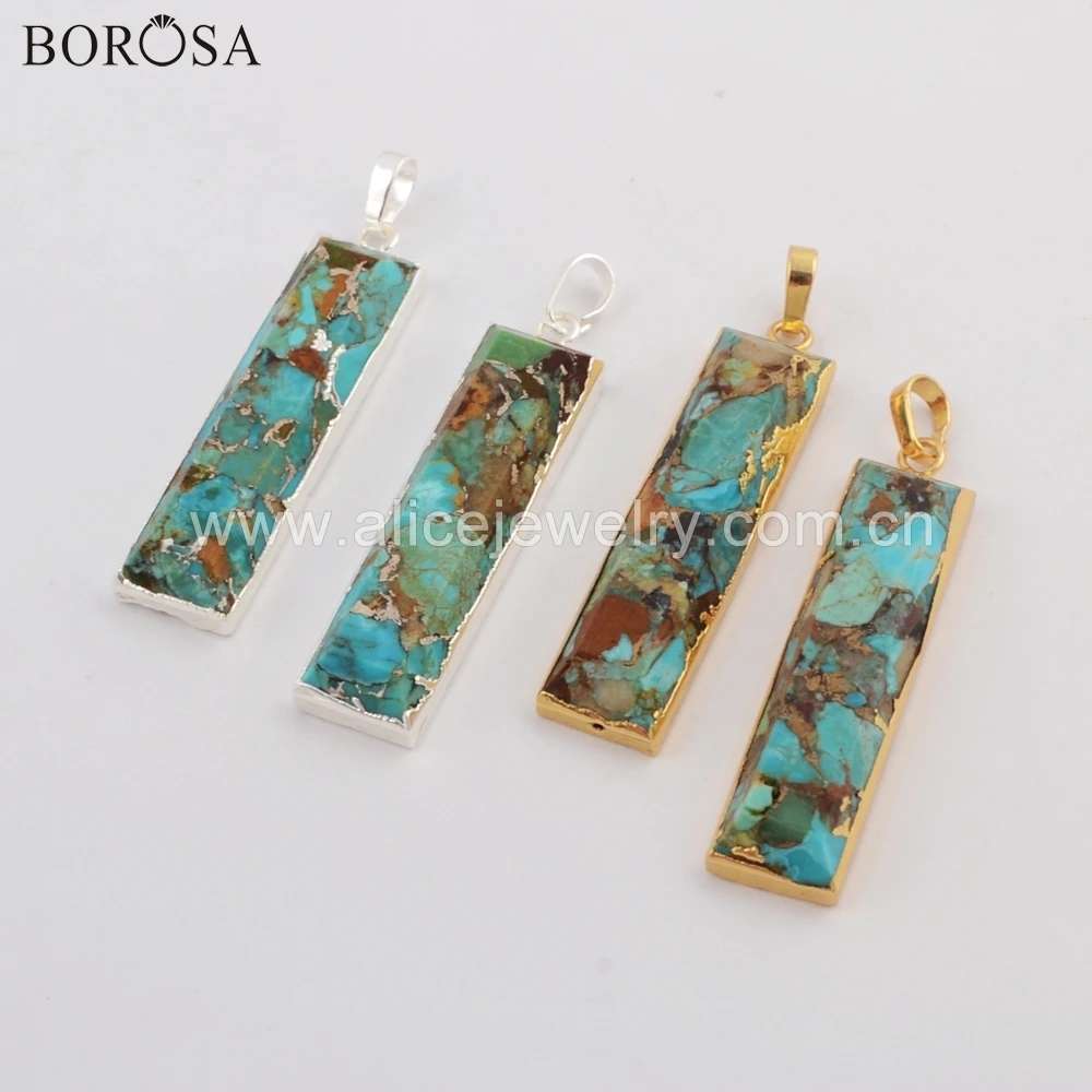 

BOROSA 5PCS Natural Copper Turquoises Faceted Pendant Gold Trim Rectangle Blue stone Jewelry for Necklace G1762 S1762