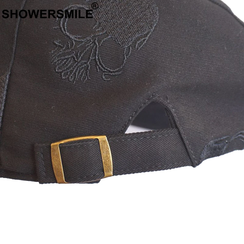 SHOWERSMILE, мужской берет, летний, черный, хлопок, плоская кепка, Череп, вышивка, плюща, утконоса, кепка, регулируемая, Ретро стиль, высокое качество, мужская плоская шапка