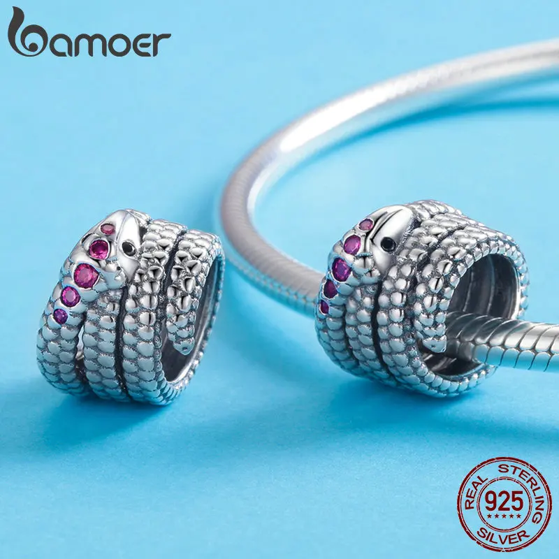 BAMOER, Настоящее серебро 925 пробы, очаровательные бусины в виде змеи и животных, подходят для браслета и ожерелья, DIY ювелирные изделия SCC713