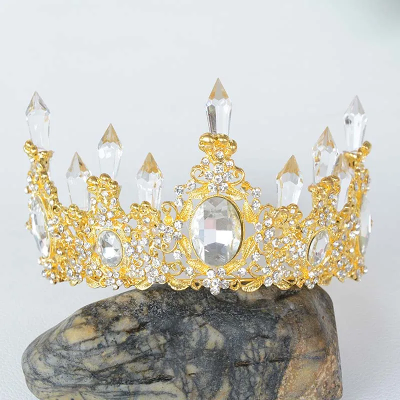 Clear Gold Золотая, серебряная корона в стиле барокко, королевский синий кристалл, свадебная корона, красные стразы, винтажная диадема для невесты, аксессуары для волос - Окраска металла: Clear Gold