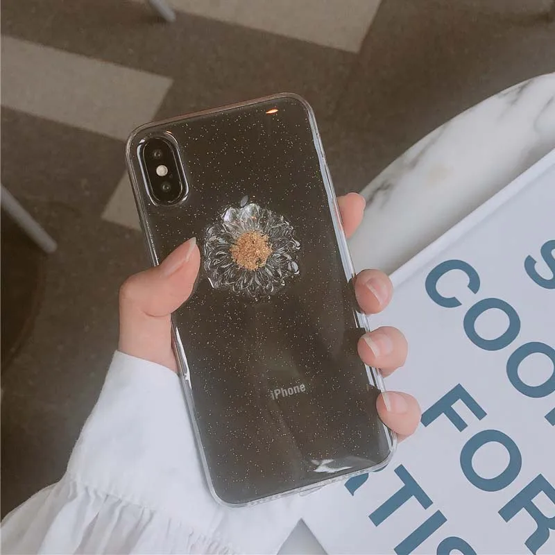 JIBAN Lovely 3D Daisy Phone Case for Iphone XS Max XR X Cases Transparent Epoxy Flash Tpu Cover 6s 6plus 7 8plus Capa |