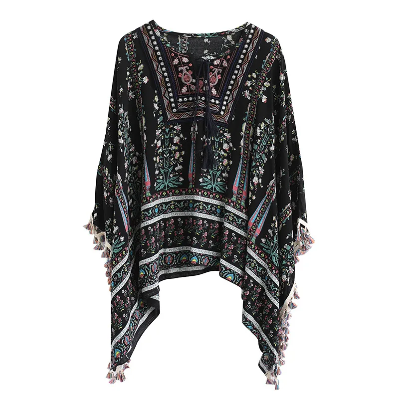 Летняя футболка Женская vogue Футболка с принтом богемные кисточки свободные