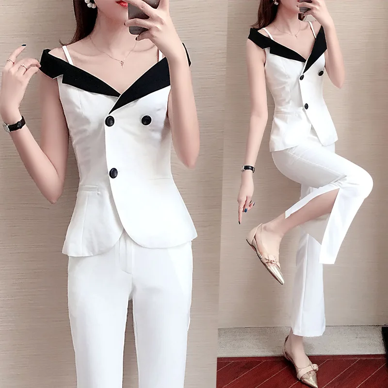 

Women's suit 2019summer new fashion sleeveless single button suit jacket wild casual wide leg pants two sets of women's clothing