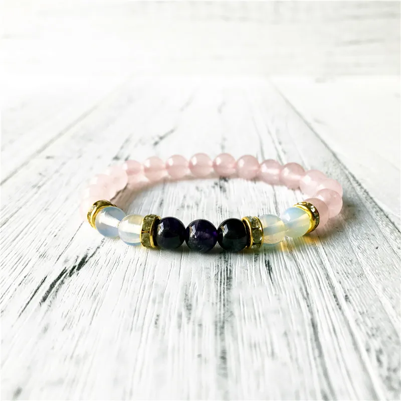 Natural Opal Rosequartz Purple Quartz Bracelet Wrist Pink Beads Yoga Mala Women's Gift Energy Protection Jewelry | Украшения и