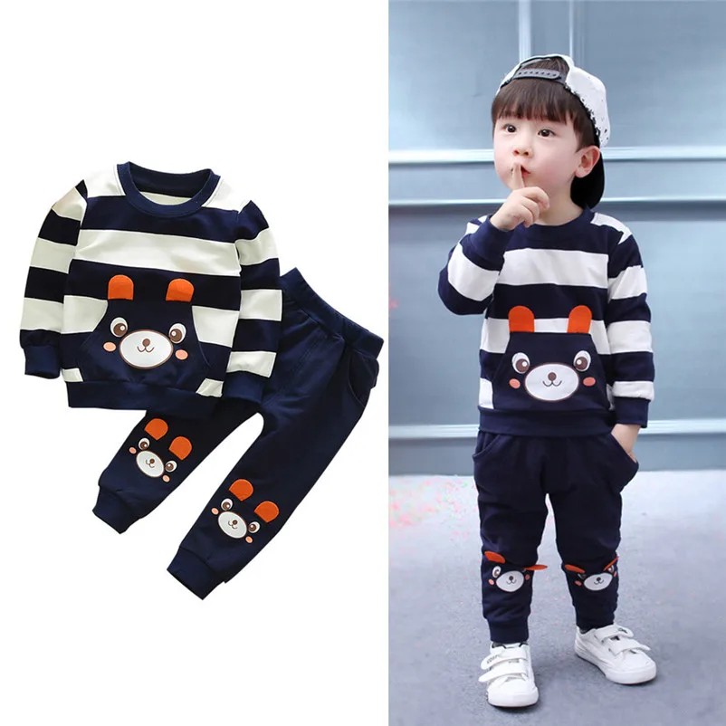 Fall Autumn Winter Kids Newborn Baby Boys Clothing Clothes Set Striped Bear Tops+Pants Outfits 2017 New Arrival Fashion on sale |