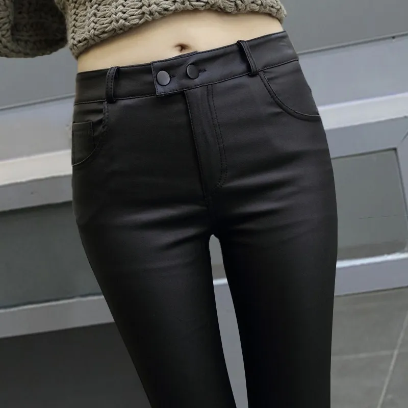 Autumn Winter Leggings Women Matt Leather Pants Sexy Thin Black Female High Waist Elastic Pencil Pants Pantalon Cuir Femme
