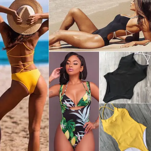 Летний цельный женский сексуальный однотонный монокини с открытой спиной пуш-ап