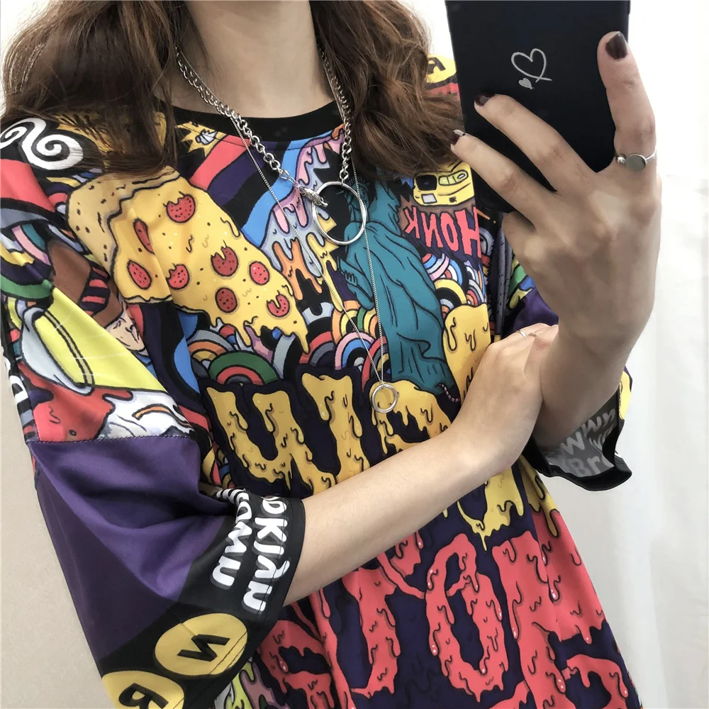 Ulzzang Готический стиль граффити длинная футболка женская уличная летняя 2019 Плюс