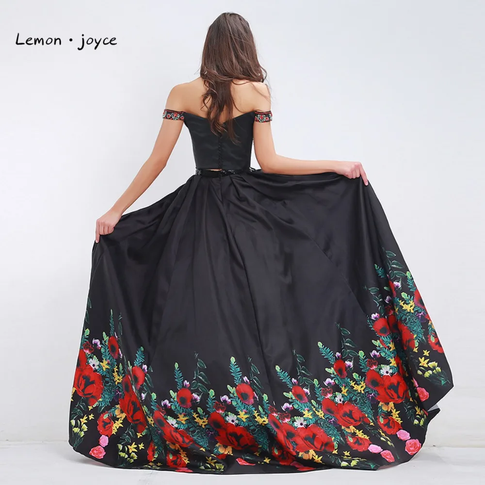 Черные Выпускные Платья с цветочным принтом 2020 из двух частей вырезом лодочкой и