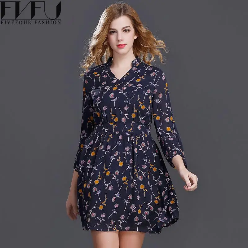 Мода 2018 платье Для женщин осень Винтаж с цветочным принтом шифоновое