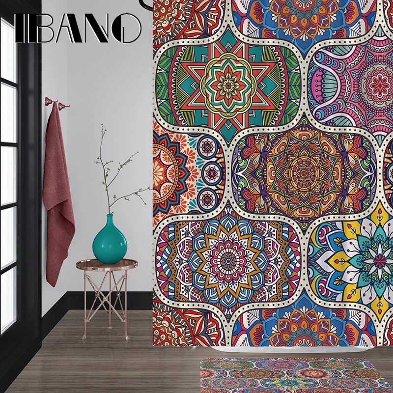 

IBANO Mandala Shower Curtain Waterproof Polyester Fabric 180x180cm Bath Curtain 40x60cm Mat For The Bathroom Curtain And Mat