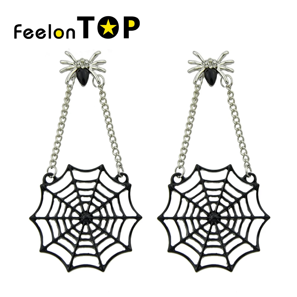 Feelontop Statement Earrings Silver Color Chain Jewelry Spide Pattern With Black SpideWeb Shape Drop For Women|chain drop earrings|chain earringsdrop