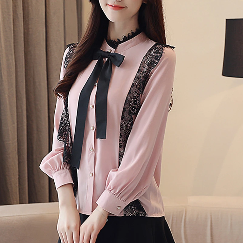 Elegant Chiffon Tops And Blouses 2018 Autumn Blouse Women Long Sleeve Stand Collar Patchwork Lace Pink Ladies With Bow Tie |