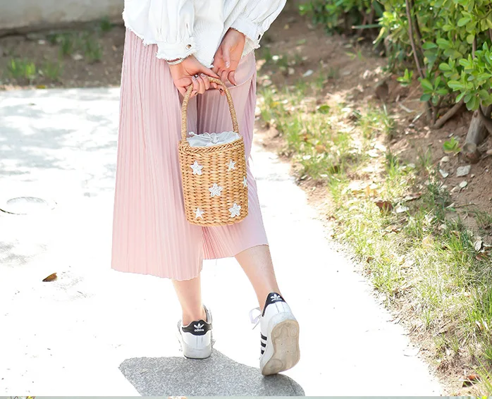 Пляжная сумка с вышивкой из бисера маленькая Соломенная Сумка ведро женские