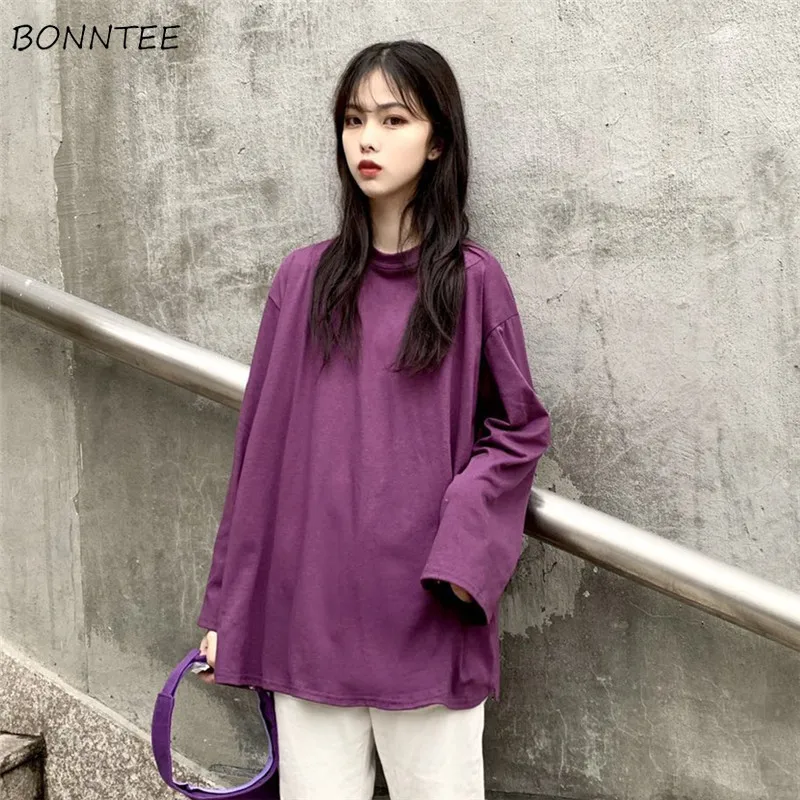 

Long Sleeve T-shirts Women Korean Version Solid-color T-shirt Womens All-match Leisure Female Loose O-Neck Simple 2020 Chic Soft