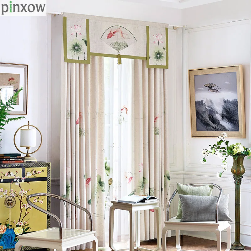 Китайский Ручная роспись Шторы хлопок белье Ткань Спальня шторы Готовые окна