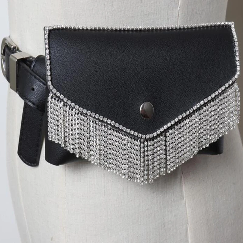 

2020 Fashion Faux Leather belt bag fanny pack women black tassel Full Crystal waist bag pack pouch belt chest bag Accessories