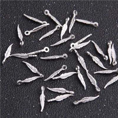 Antique Silver 80 шт 2*16 мм два цвета винтажные металлические цинковый сплав маленькие перья очаровательные украшения Подвески-шармы в виде животных макингов - Окраска металла: Antique Silver