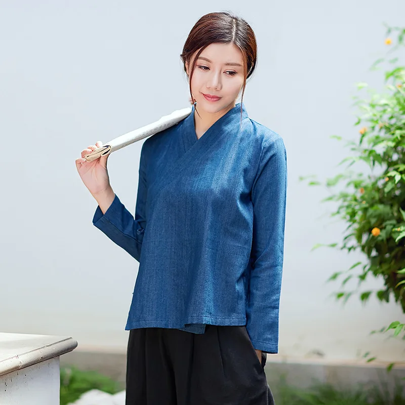 Китайское чайное платье Zen с длинным рукавом куртка перекрестным воротником