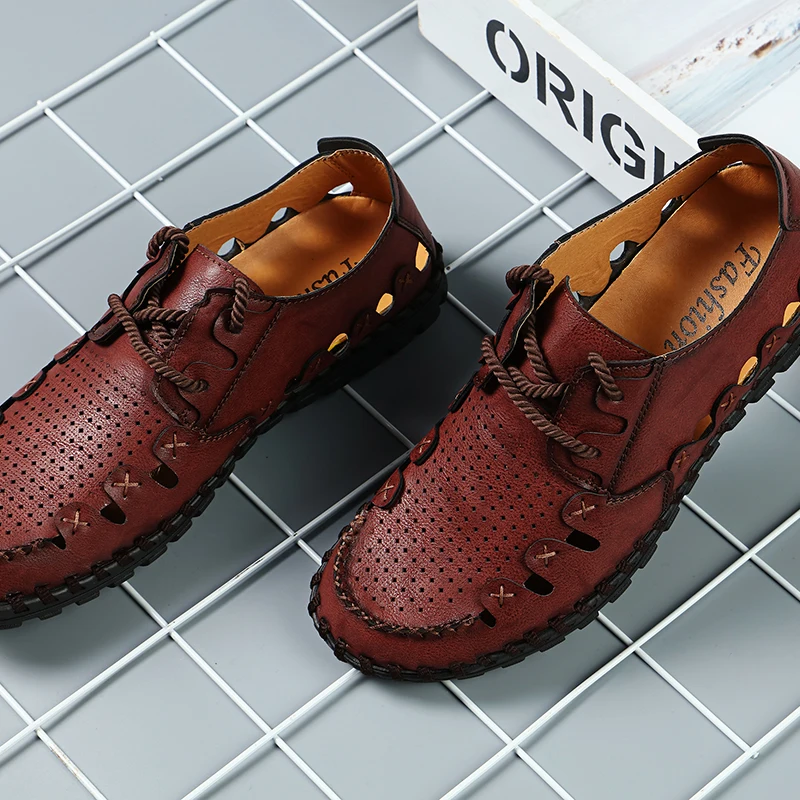 Модный из кусочков кожи мужские повседневные удобные дышащие туфли летние