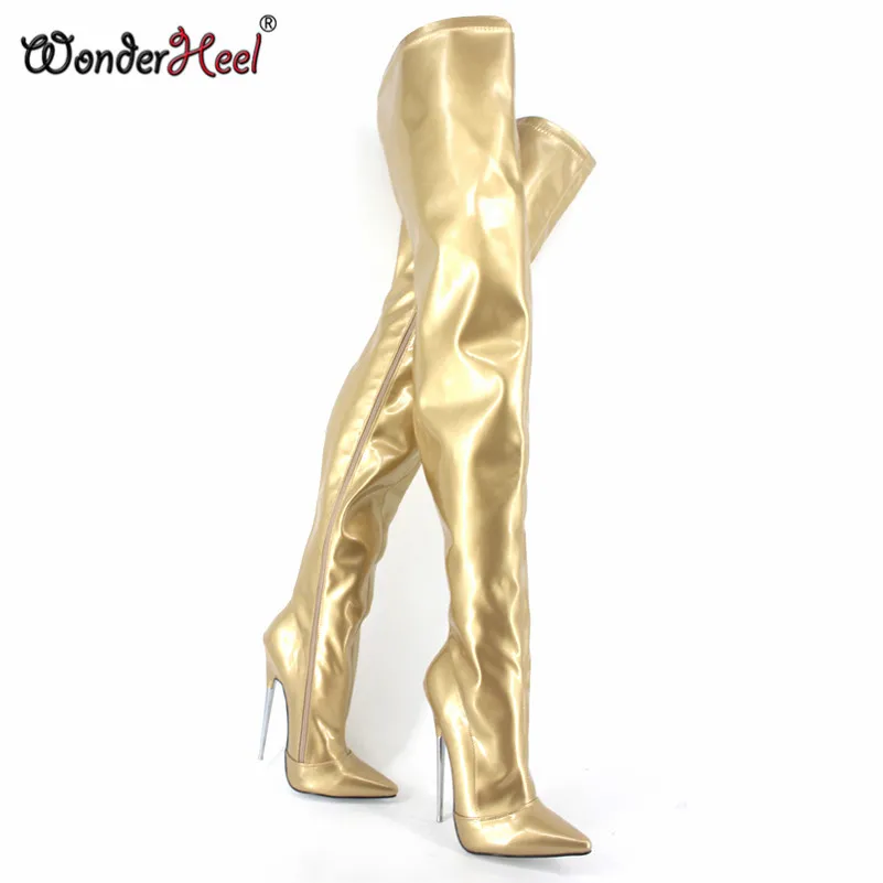 Wonderheel/Новые пикантные фетиш-сапоги на экстремально высоком металлическом каблуке-шпильке примерно 18 см с острым носком из лакированной кожи
