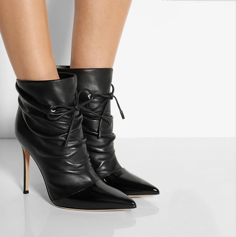 Женские ботинки 2017 Черные ботильоны на шнуровке с острым носком напуском большие