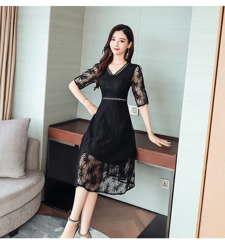 Femal Vintage Elegant Black Lace Boho Midi Dresses Summer Plus Size Solid Sexy Beach Sundress Women Bodycon Party Vestidos