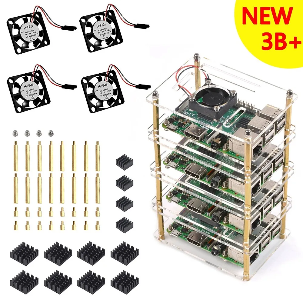 Стекируемые четыре слоя прозрачный акриловый чехол для Raspberry Pi 3 Модель B + плюс с