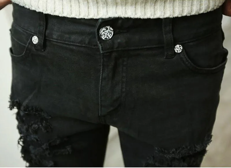 2018 new super fashion cat hole black wash jeans pants men's movement elf boys trend thin pencil Harlan | Мужская одежда
