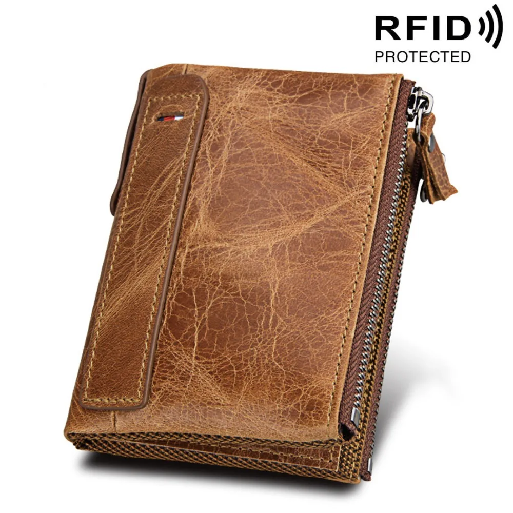 Мужские кошельки из натуральной коровьей кожи RFID короткие с двойной молнией