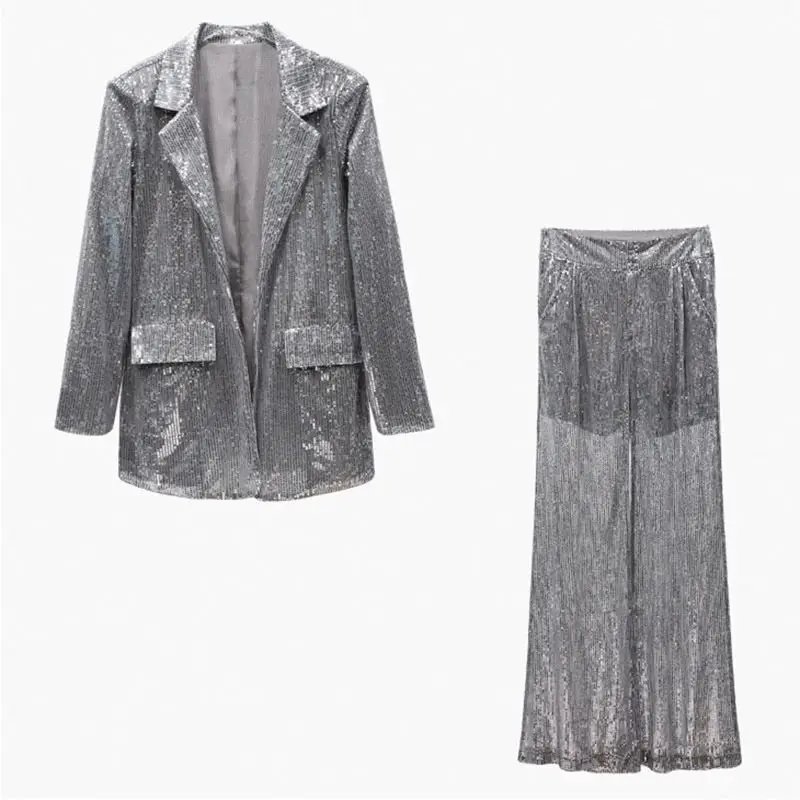 Женский костюм с длинным рукавом брючный блестящая шикарная куртка блестками