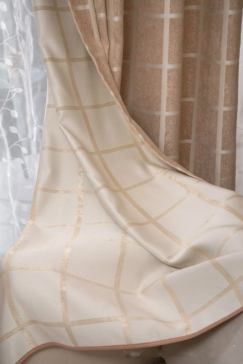 Корейские стильные плотные шторы в клетку кофейного/светло голубого цвета из