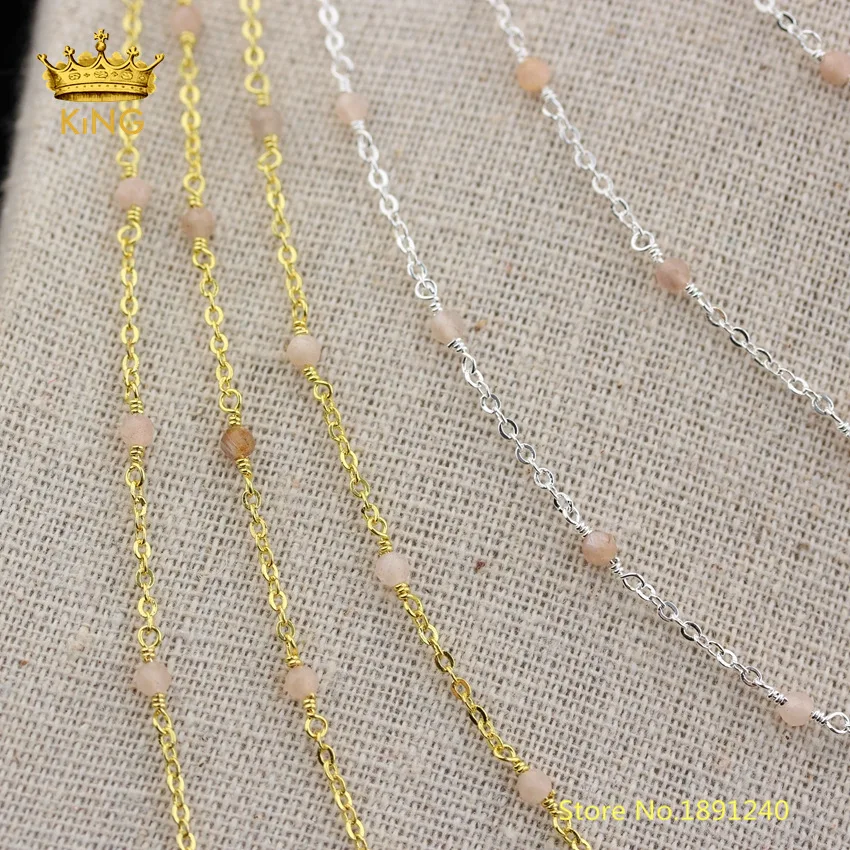 

5meters Faceted Small Sunstones Beads Chains Crafts Chokers Jewerly,Natural Sun Stone Cut Round Beaded Chain Findings ZJ257