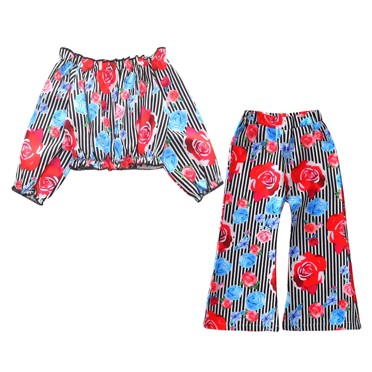 Летняя одежда для девочек 2019 комплект полосатые длинные штаны с цветочным
