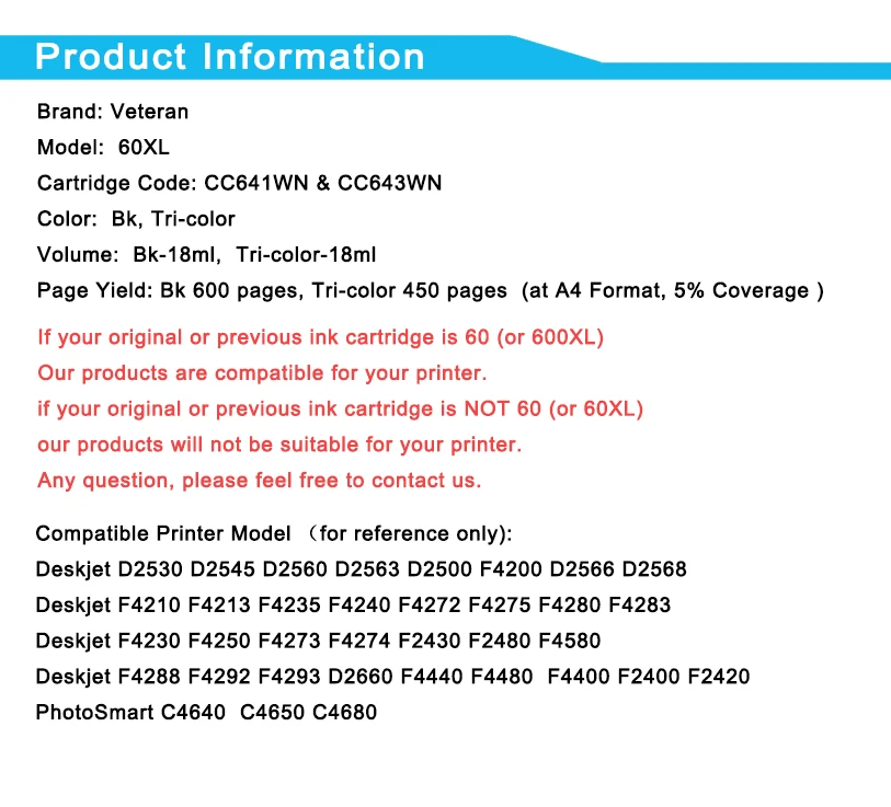 

Veteran 60XL ink cartridges For hp 60 XL hp60 Deskjet C4685 C4798 C4799 D110 ENVY 100 111 114 121 F2480 F2420 F4480 printer
