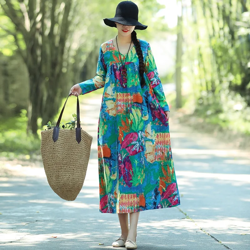 Женское платье с длинным рукавом из хлопка и льна размера плюс винтажное