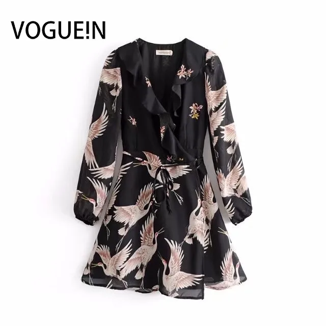 Женское мини платье VOGUEIN сексуальное с v образным вырезом и принтом журавлей