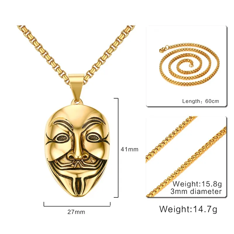 Mprainbow для мужчин Цепочки и ожерелья s Нержавеющая сталь V For Vendetta», ожерелье с подвеской-маской Золото Тон Модные украшения для Для женщин или Для мужчин колье