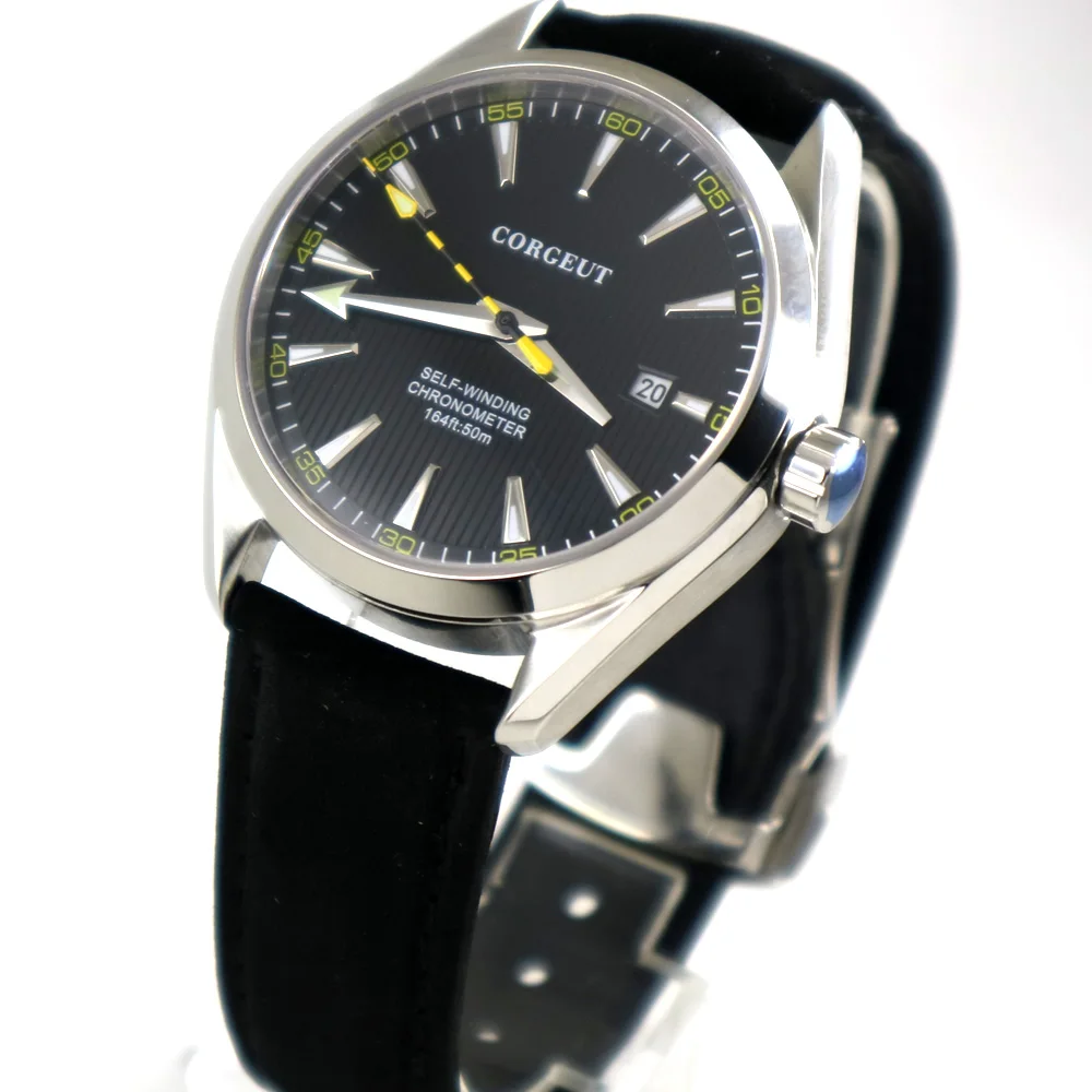 Полированные автоматические мужские часы с черным циферблатом и ремешком из