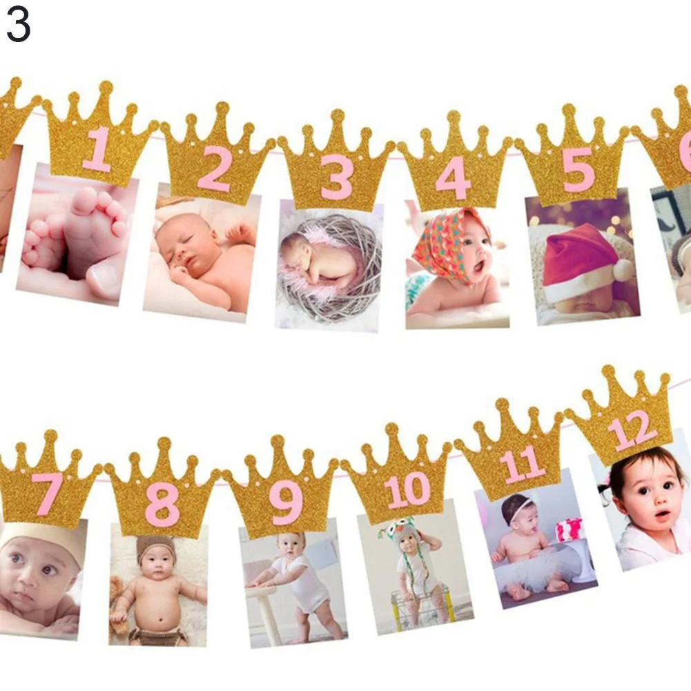 Baby Shower Glitter Crown Birthday Party Glitter Crown Monthly Photo Digital Banner 1-12 Months Garland Garland Party Decor Hot