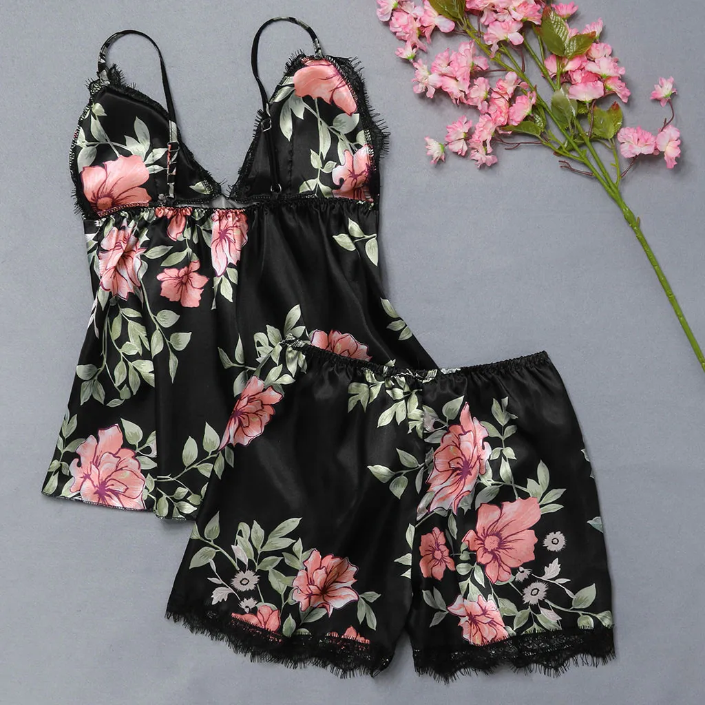 

Sexy Pijama Women Night Dress Print Flower Lace V-neck Soft Silk Satin Sleepwear Lingerie Temptation Soft Sexy Women Homewear