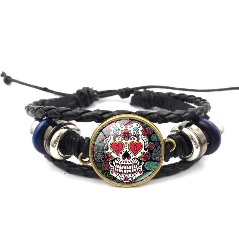 Punk Style Jewelry with Skull Pattern Glass Cabochon Multilayer Charm Leather Bracelet Bangle for Women Men Party Gift | Украшения и