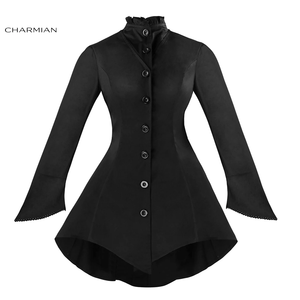 Женская зимняя Готическая винтажная куртка Charmian черная на пуговицах с длинным